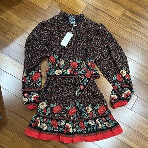 Vici Black Dress with Red and Yellow Floral Pattern